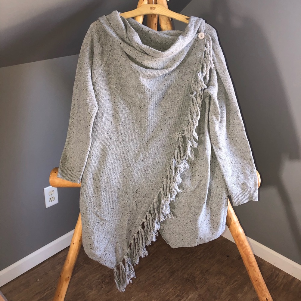 Gray Wrap Fringe Cowel Neck Sweater